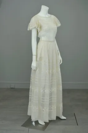 1970s Lovely Sheer Cream Tiered Panel Gown with Flutter Sleeves | 70s Peasant Gown