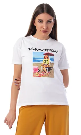 57585 Printed Vacation Slip On White T-Shirt