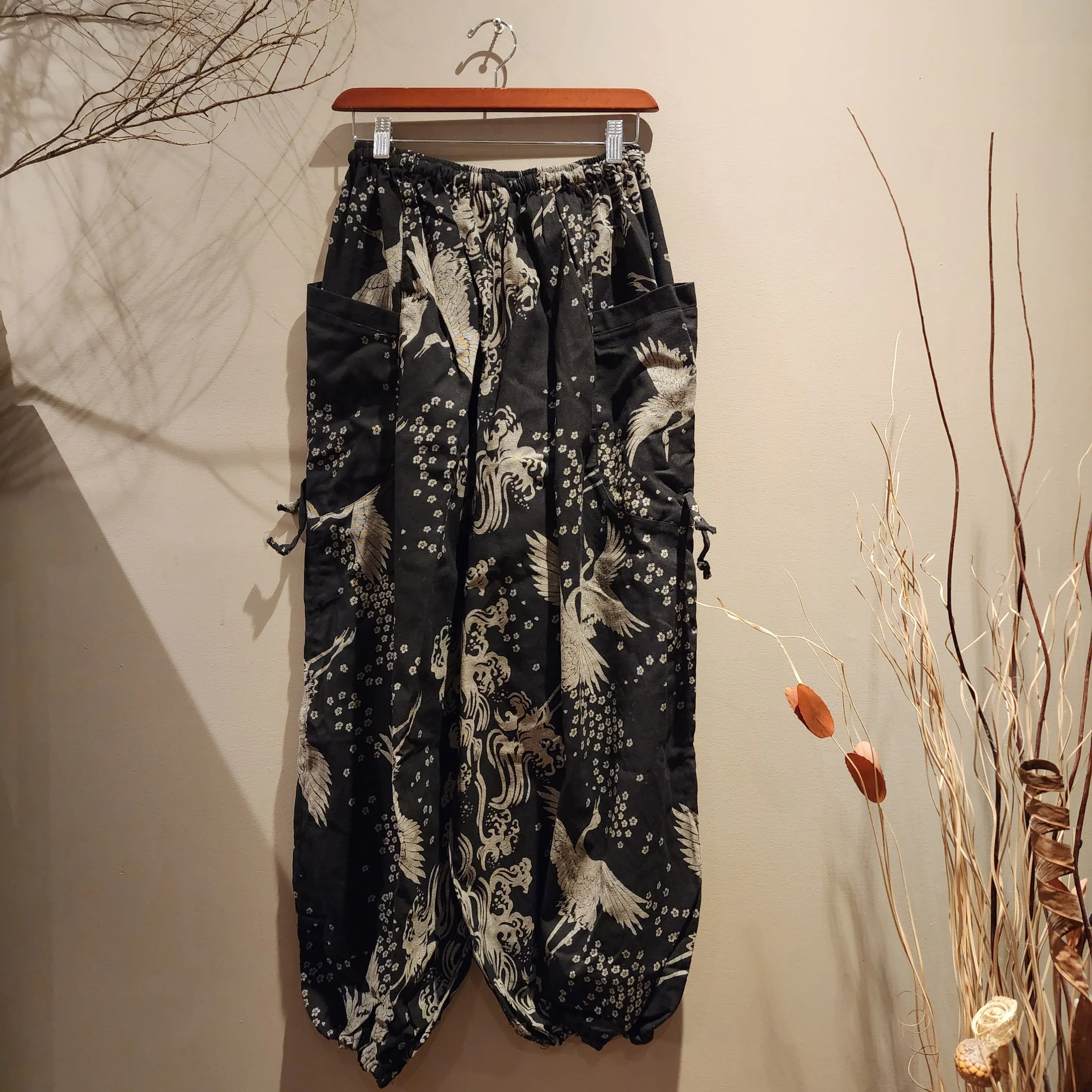 Black Crane Drawstring Comfy Pants