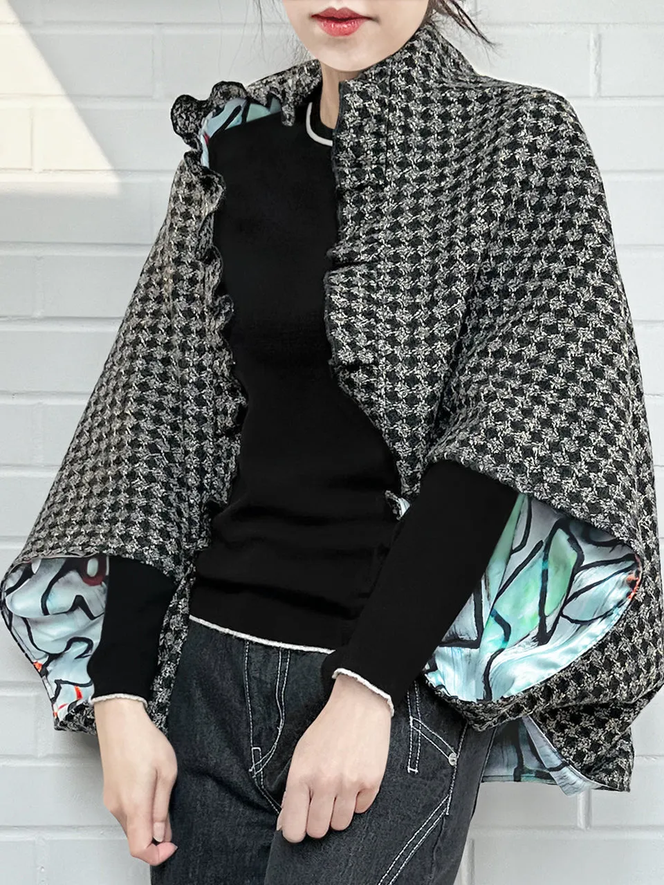 Black Lurex Check Three Way Ruffled Cape Cardi - Crop Top