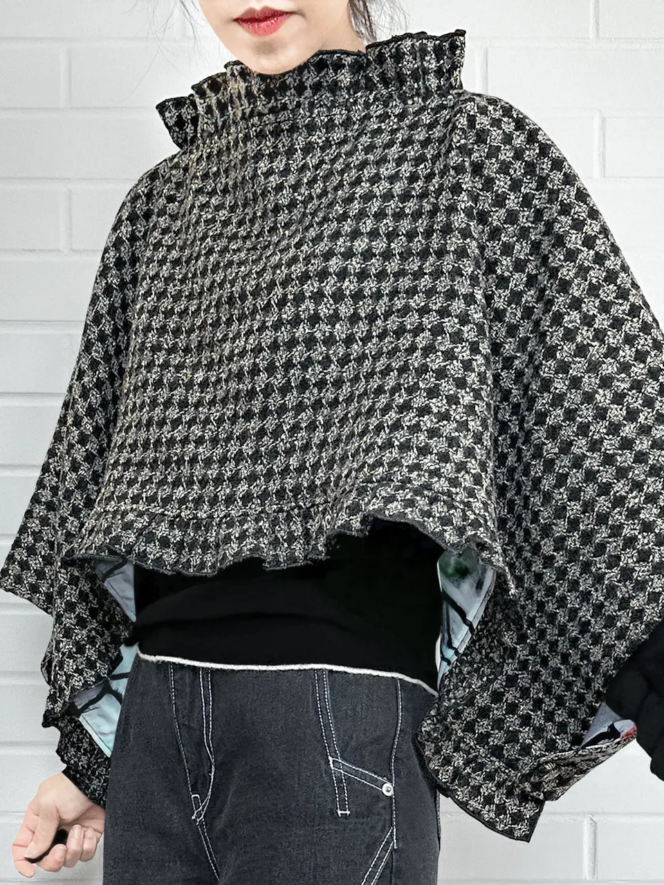 Black Lurex Check Three Way Ruffled Cape Cardi - Crop Top