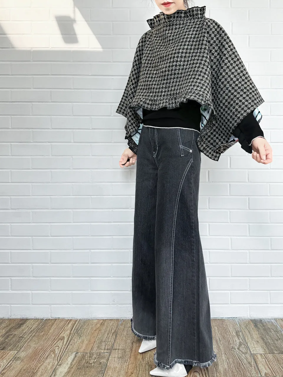 Black Lurex Check Three Way Ruffled Cape Cardi - Crop Top