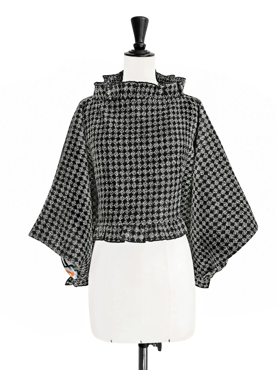 Black Lurex Check Three Way Ruffled Cape Cardi - Crop Top