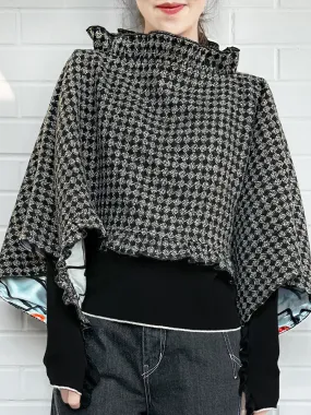 Black Lurex Check Three Way Ruffled Cape Cardi - Crop Top