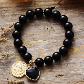 Black Onyx Heart Charm & Beads Stretchy Bracelet