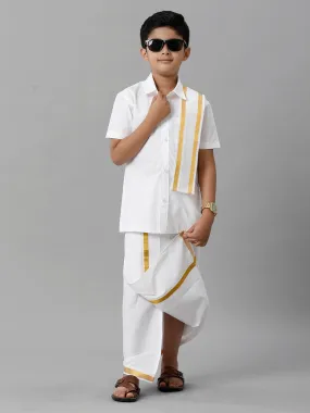 Boys Cotton White Half Sleeves Shirt Dhoti with Towel Set