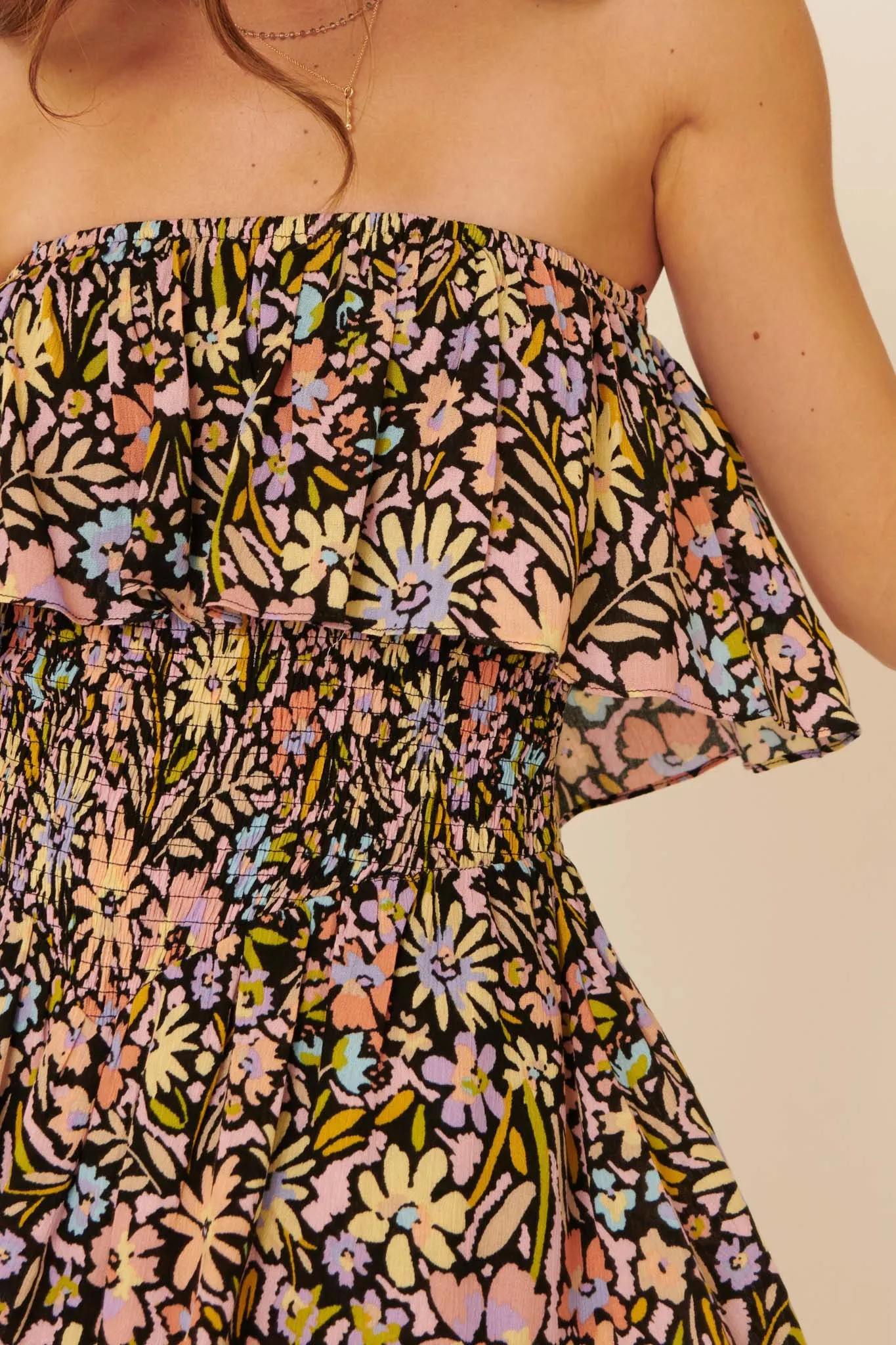 Color Burst Floral-Print Strapless Tube Romper