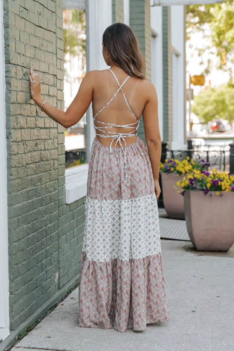 Cream Color Block Halter Maxi Dress