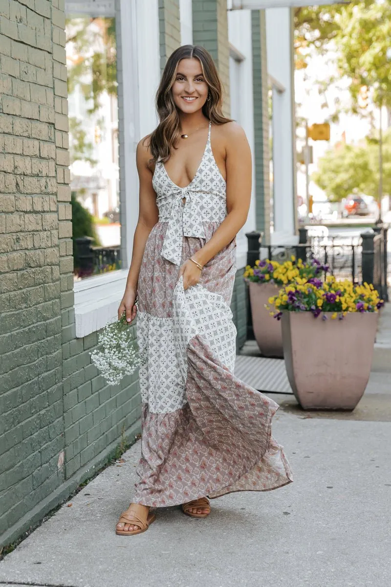 Cream Color Block Halter Maxi Dress