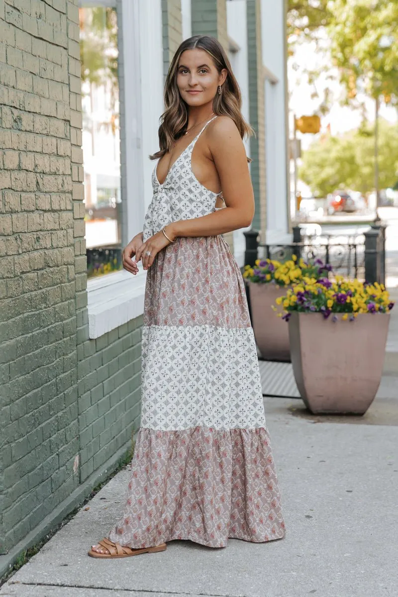 Cream Color Block Halter Maxi Dress