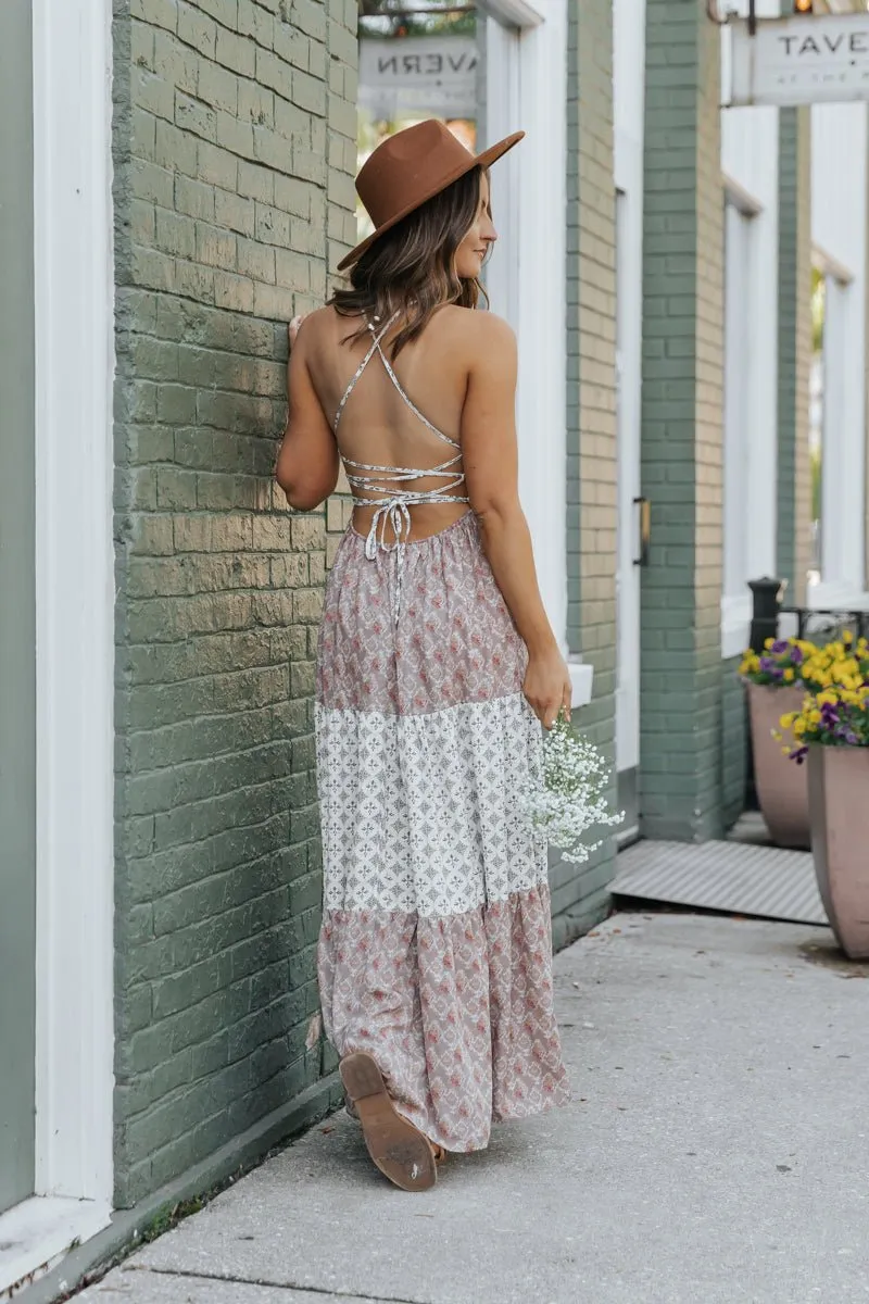 Cream Color Block Halter Maxi Dress