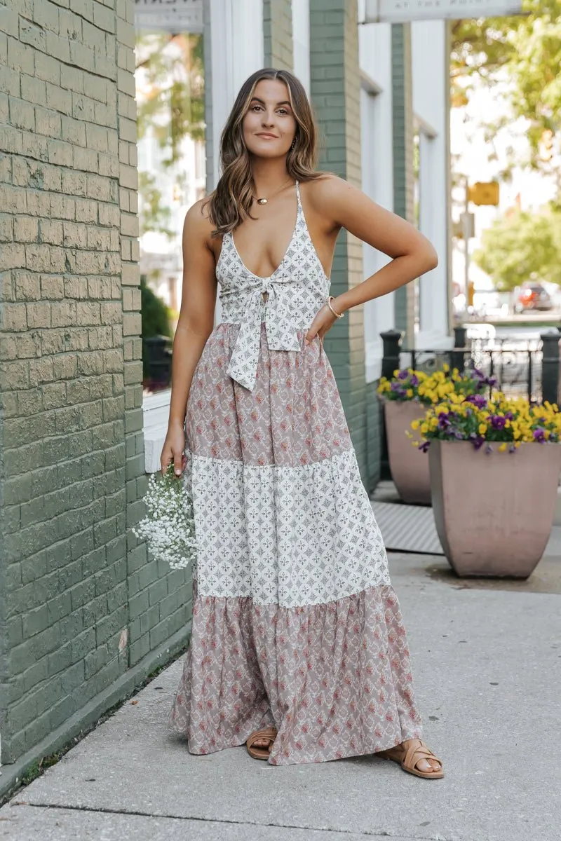 Cream Color Block Halter Maxi Dress