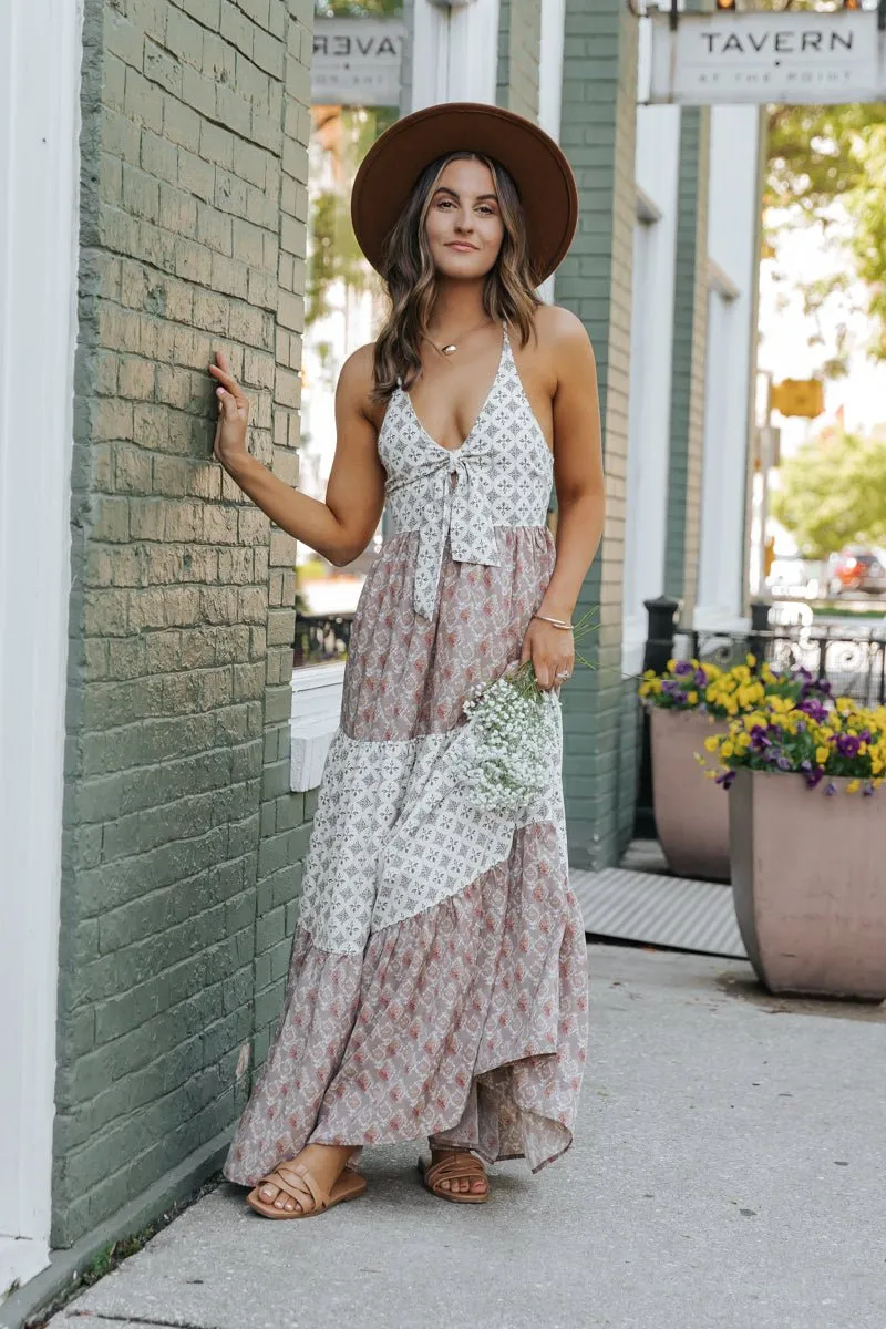 Cream Color Block Halter Maxi Dress