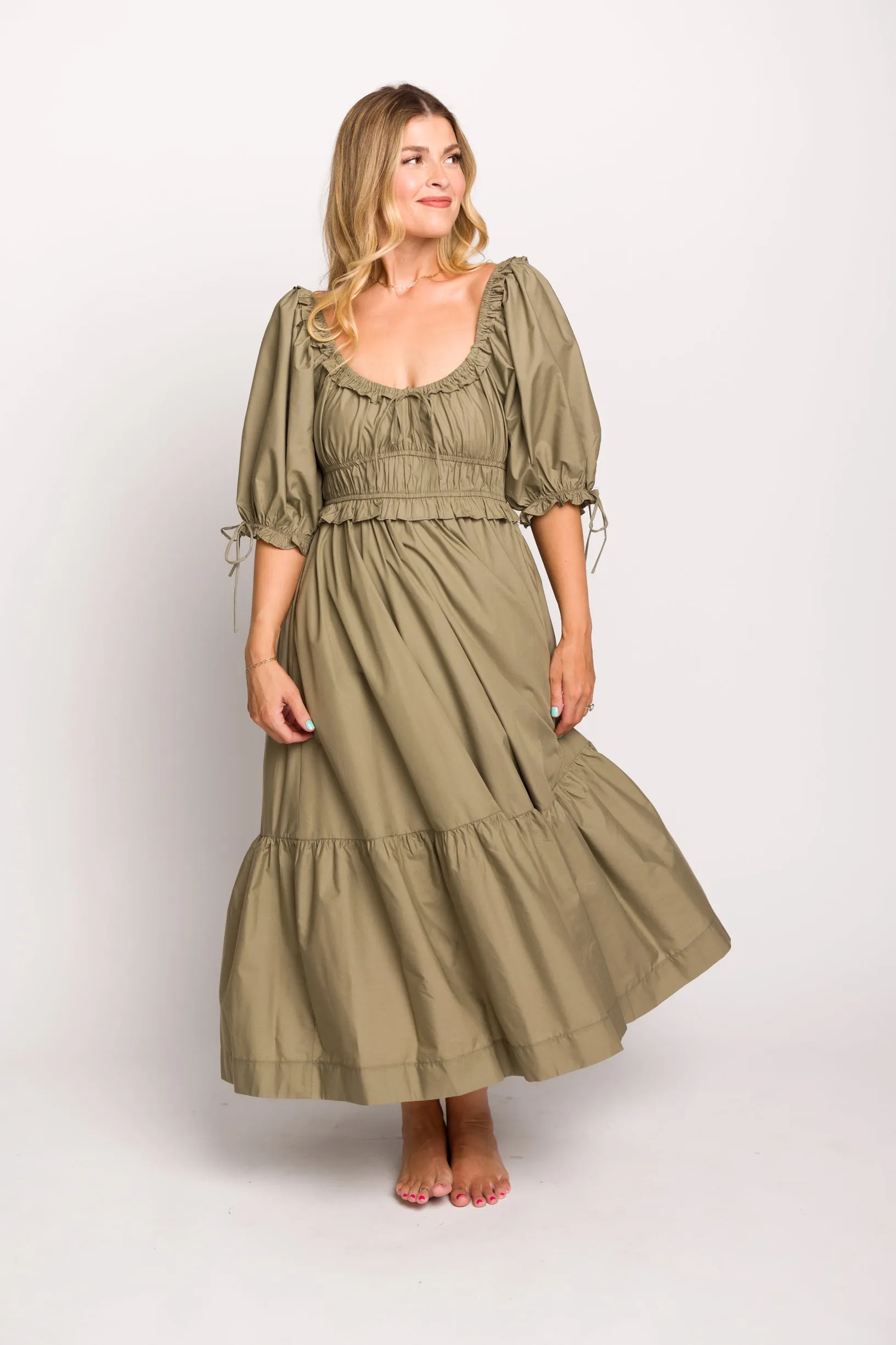 Crissy Cotton Poplin Ruched Midi Dress in Dusty Olive - Bump Friendly