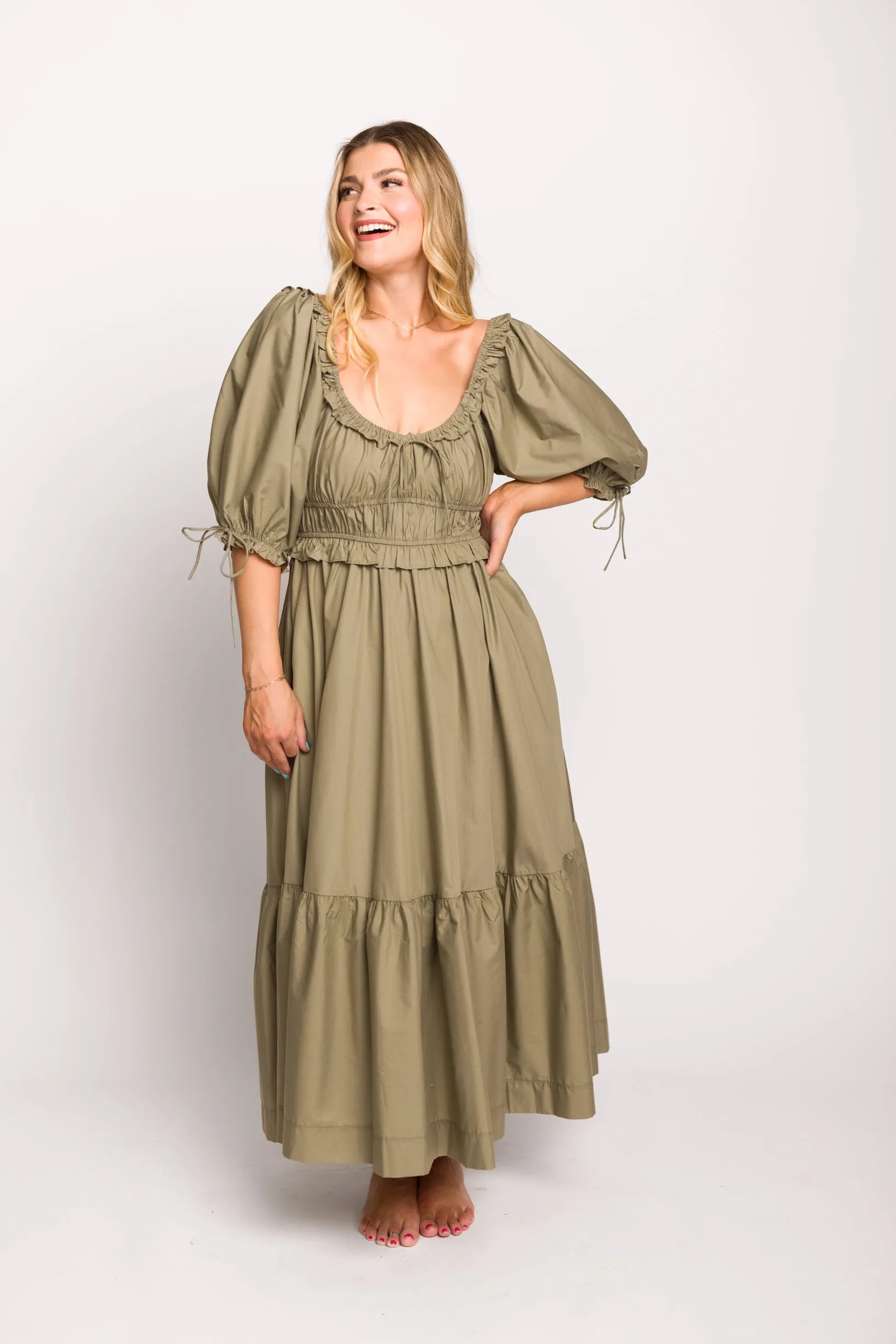 Crissy Cotton Poplin Ruched Midi Dress in Dusty Olive - Bump Friendly