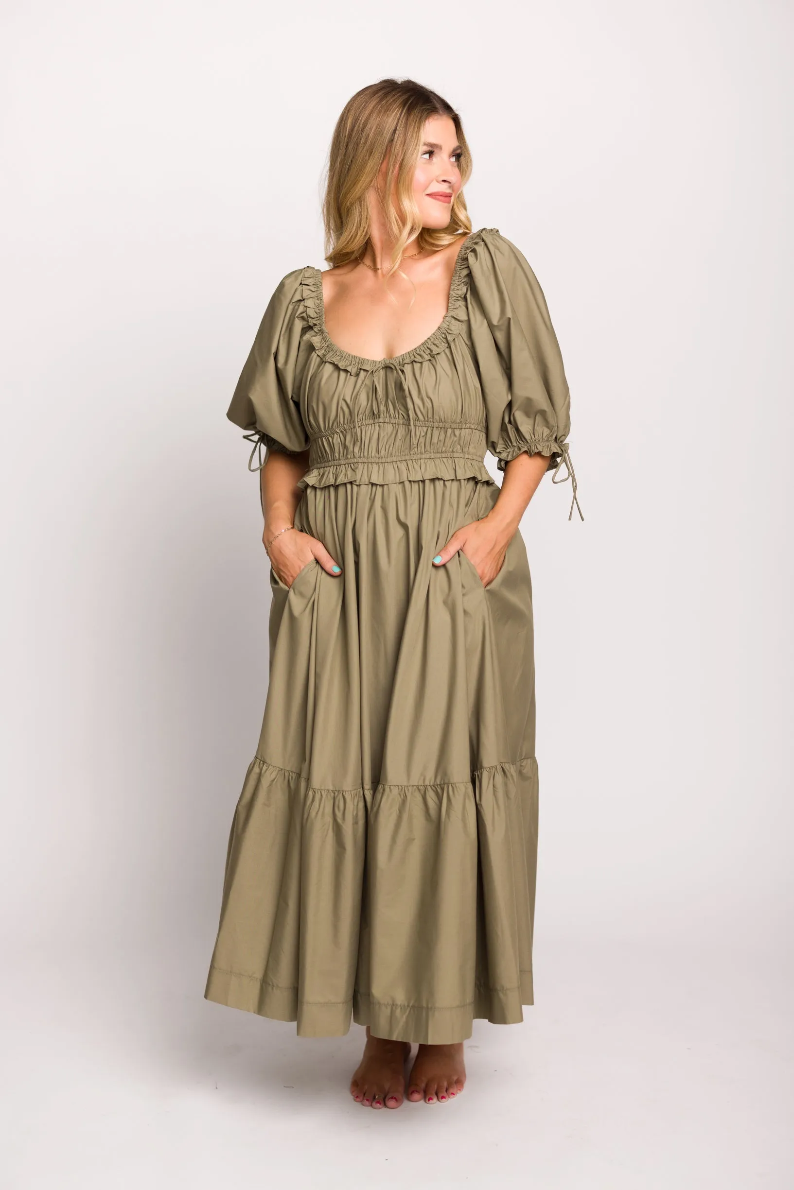 Crissy Cotton Poplin Ruched Midi Dress in Dusty Olive - Bump Friendly