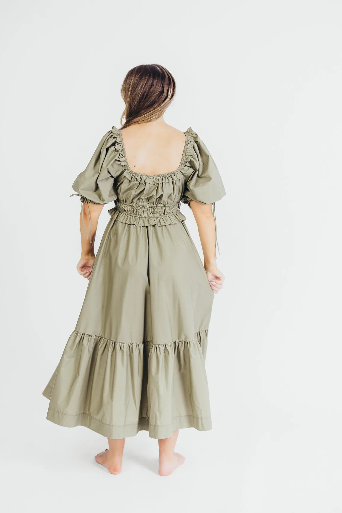 Crissy Cotton Poplin Ruched Midi Dress in Dusty Olive - Bump Friendly