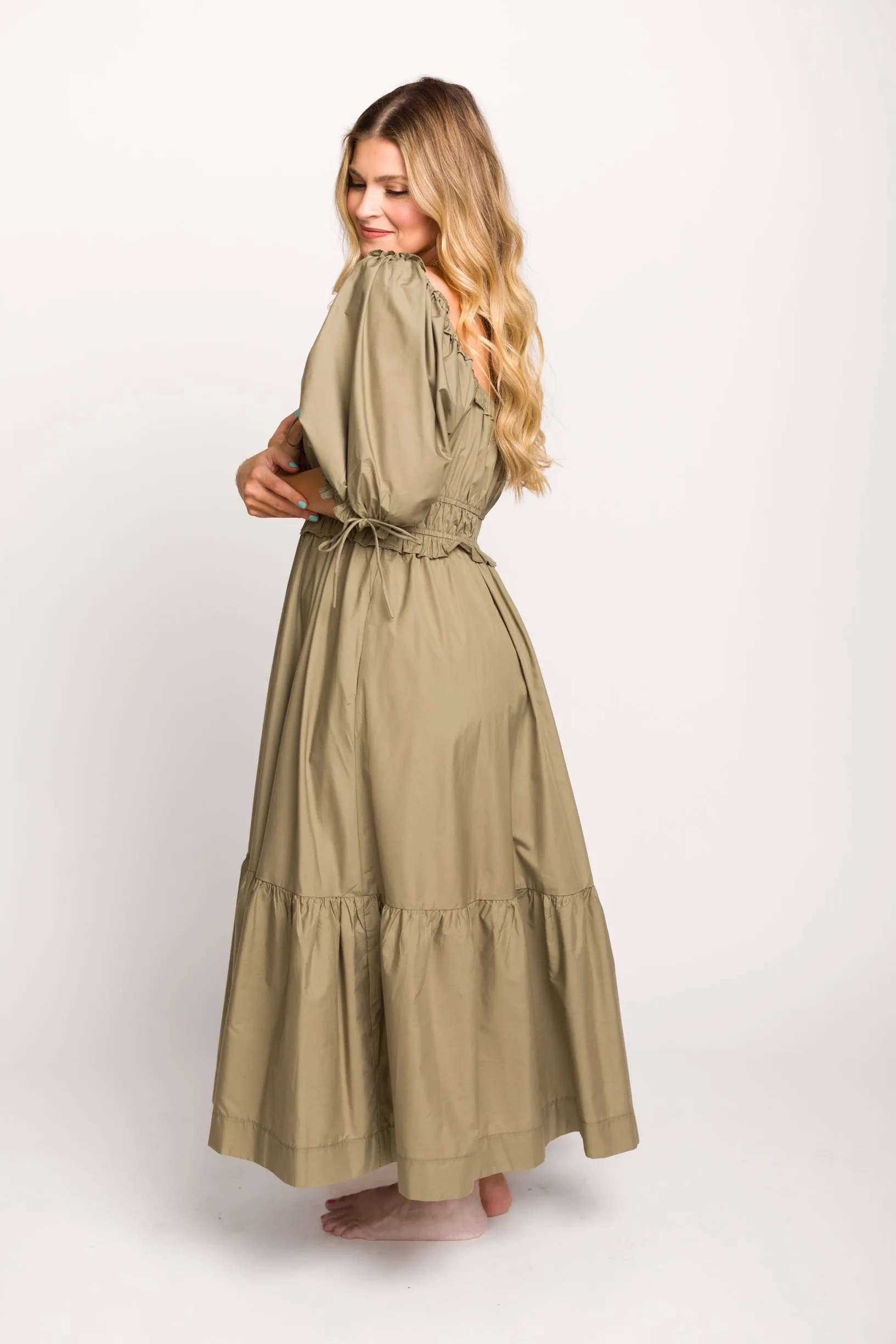 Crissy Cotton Poplin Ruched Midi Dress in Dusty Olive - Bump Friendly