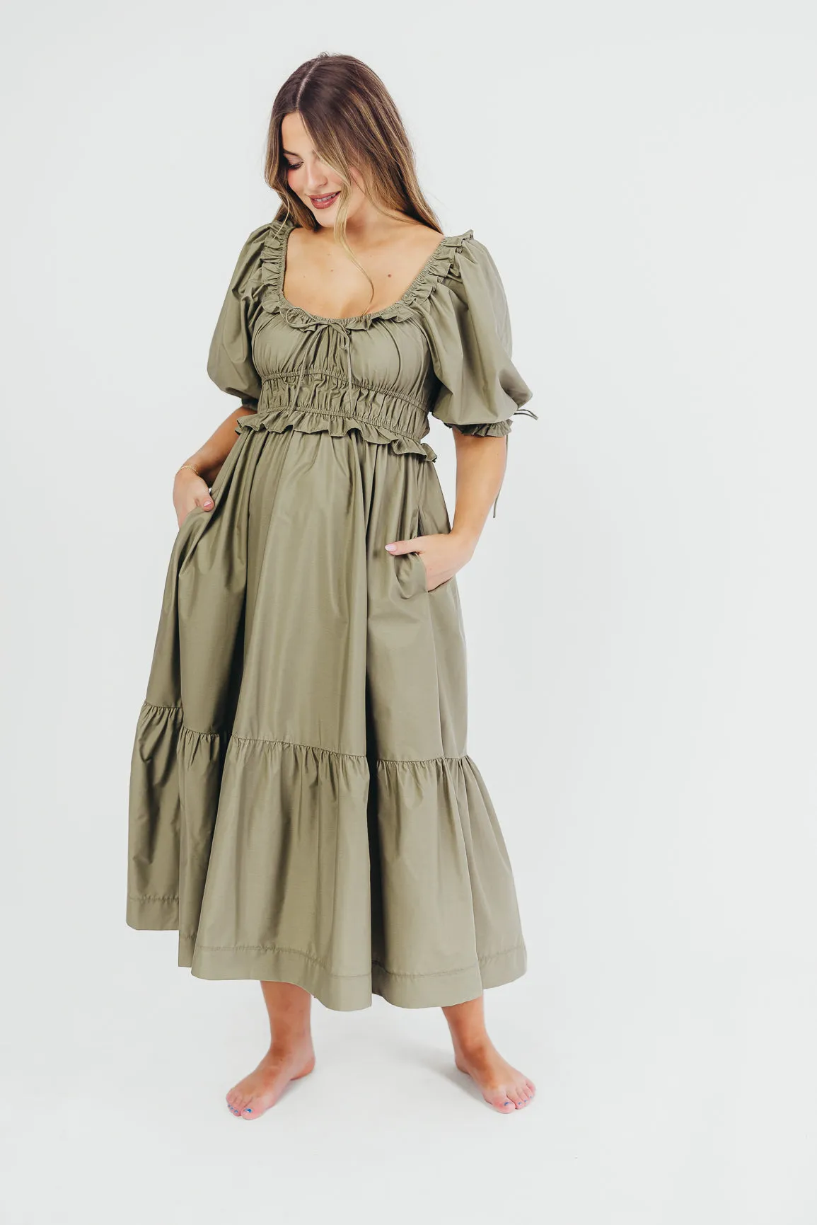 Crissy Cotton Poplin Ruched Midi Dress in Dusty Olive - Bump Friendly