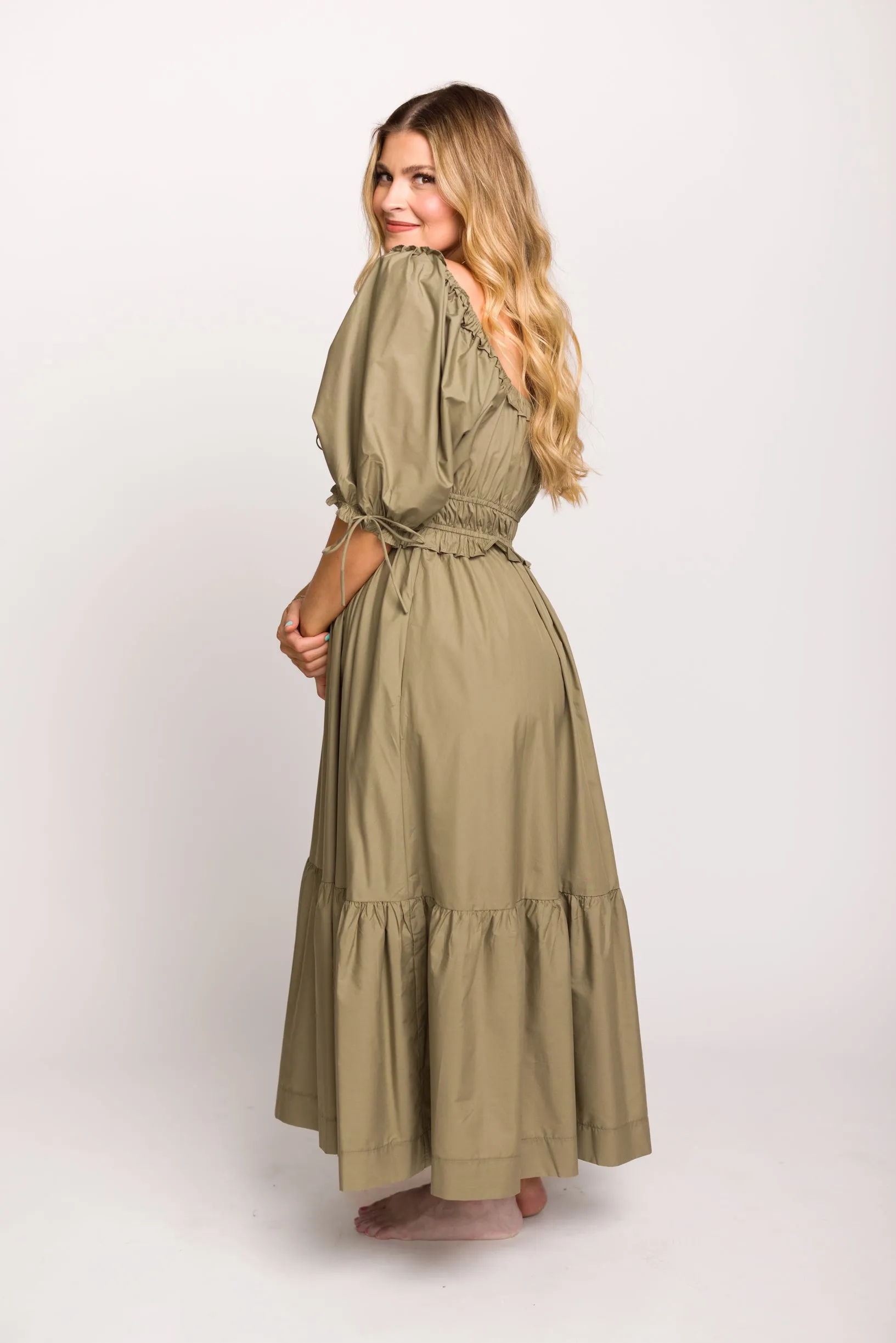 Crissy Cotton Poplin Ruched Midi Dress in Dusty Olive - Bump Friendly