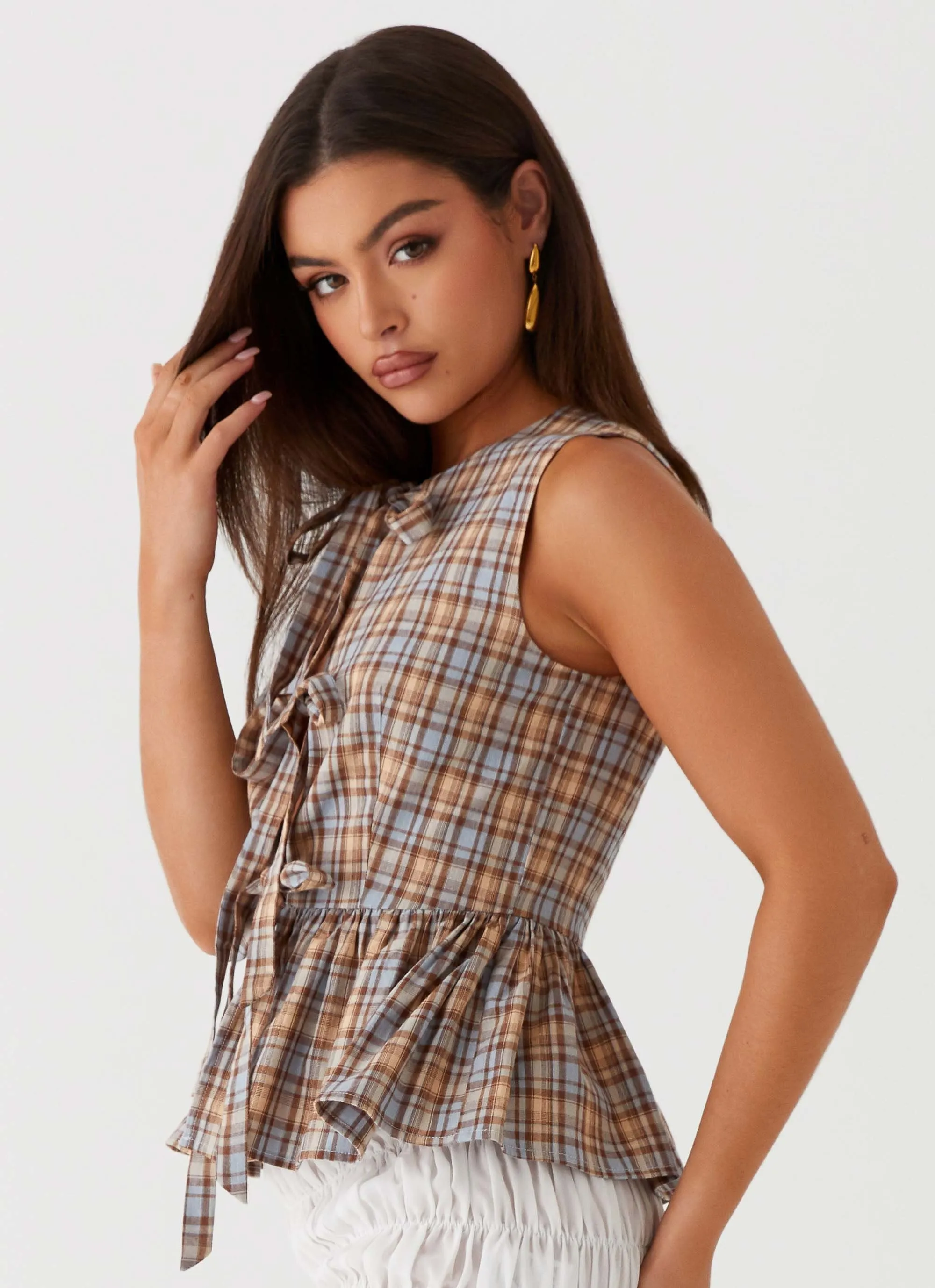 Cyrene Tie Top - Brown Check