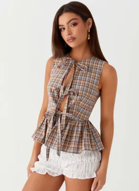 Cyrene Tie Top - Brown Check