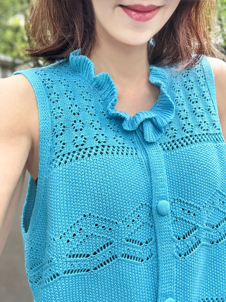 Dusty Blue Ruffle Collar Pattern-stitched Button Front Vest