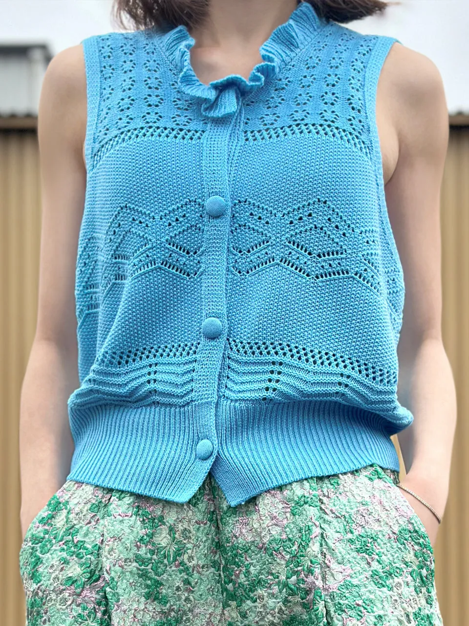 Dusty Blue Ruffle Collar Pattern-stitched Button Front Vest