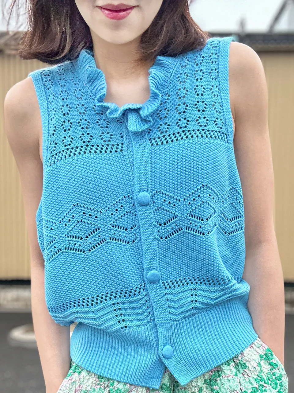 Dusty Blue Ruffle Collar Pattern-stitched Button Front Vest