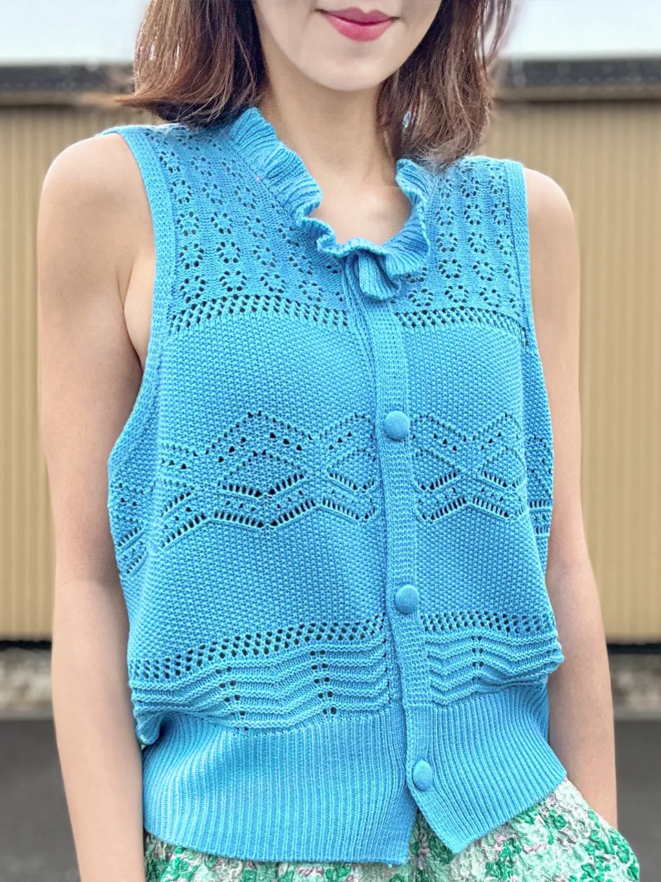 Dusty Blue Ruffle Collar Pattern-stitched Button Front Vest