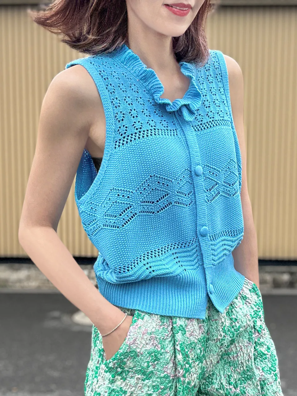 Dusty Blue Ruffle Collar Pattern-stitched Button Front Vest