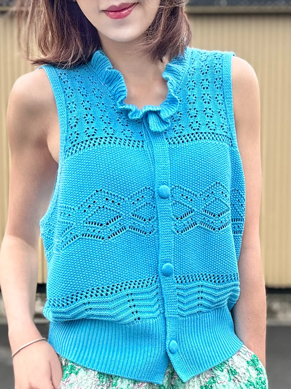 Dusty Blue Ruffle Collar Pattern-stitched Button Front Vest