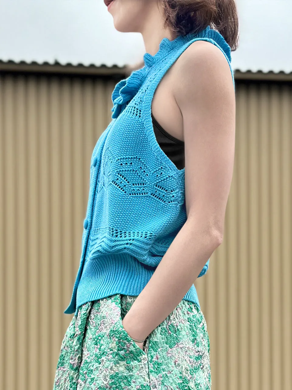 Dusty Blue Ruffle Collar Pattern-stitched Button Front Vest