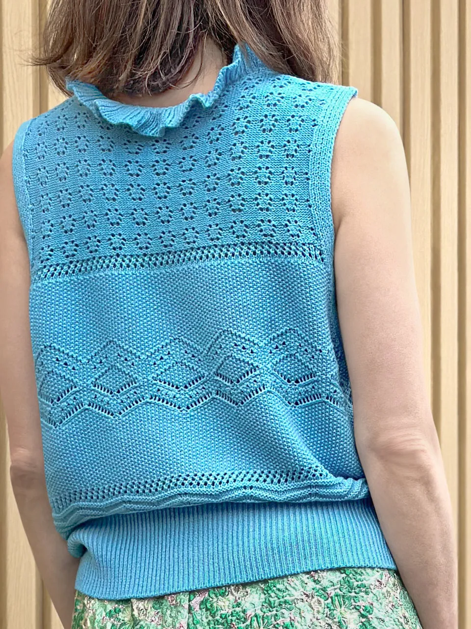 Dusty Blue Ruffle Collar Pattern-stitched Button Front Vest