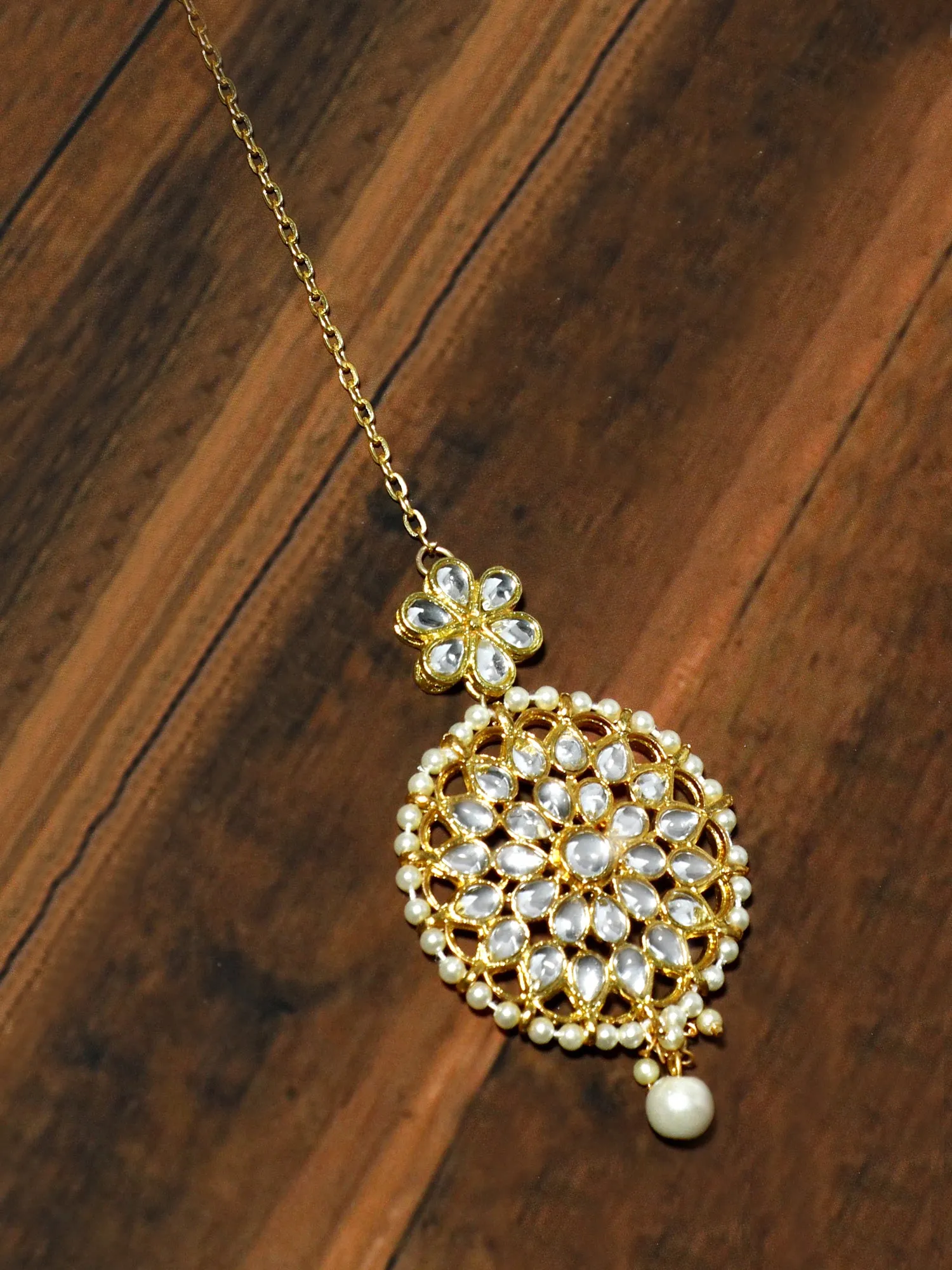 Gold Plated Pearl Bead Kundan Maangtikka