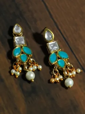 Gold Plated Pearl Beads Mint Blue Kundan Dangler Earrings for Women