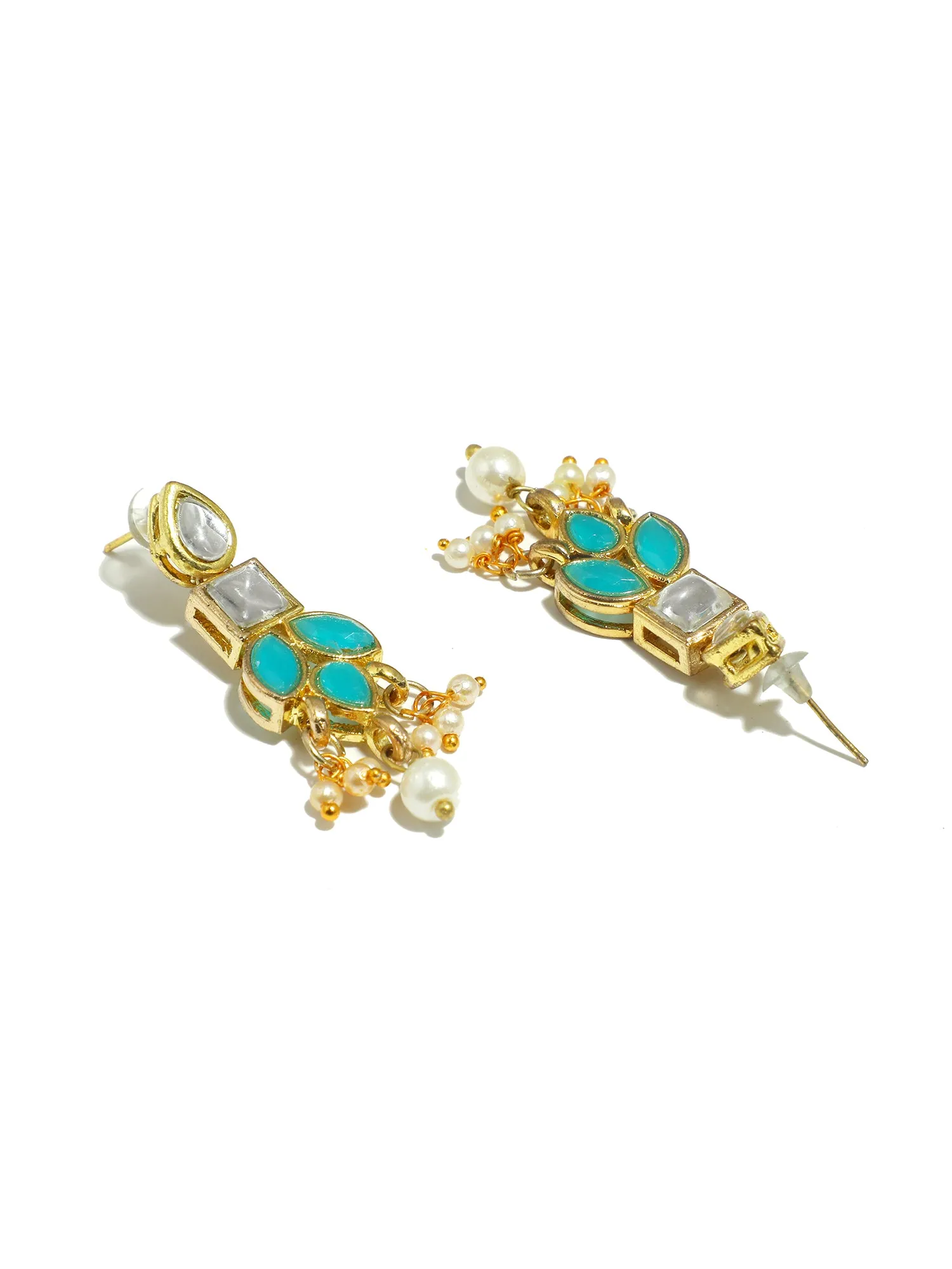 Gold Plated Pearl Beads Mint Blue Kundan Dangler Earrings for Women