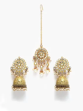 Gold Plated Tassel Beads Kundan Jhumki Earrings with Maangtikka