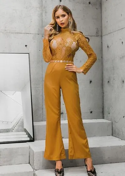 hollow out lace yellow jumpsuit