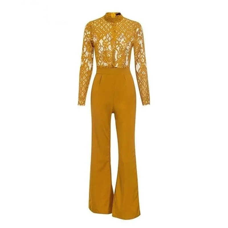 hollow out lace yellow jumpsuit