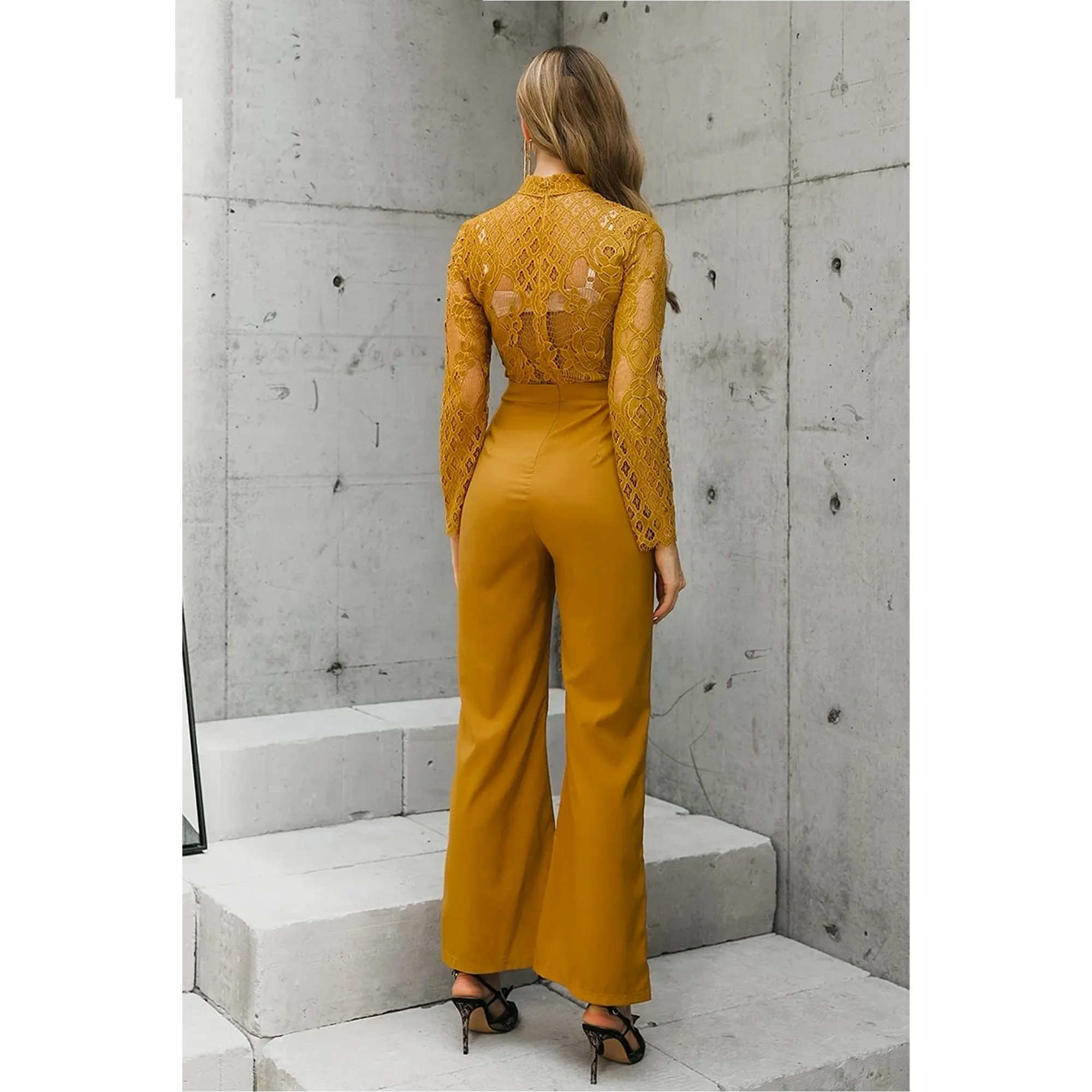 hollow out lace yellow jumpsuit