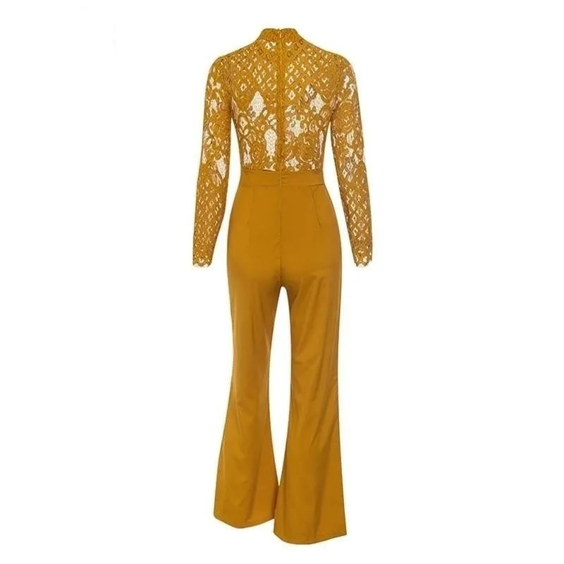 hollow out lace yellow jumpsuit