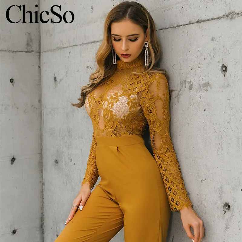 hollow out lace yellow jumpsuit