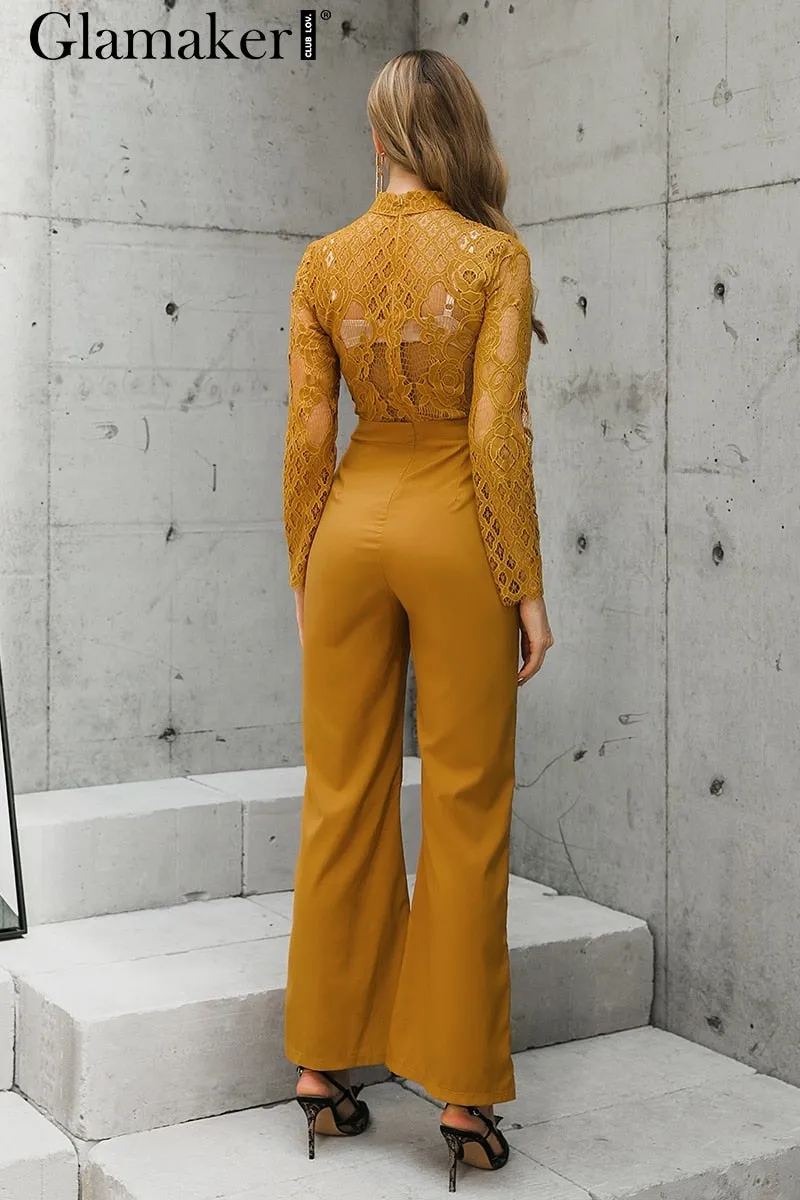 hollow out lace yellow jumpsuit