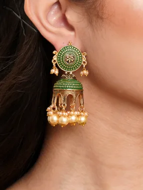 Karatcart Antique Gold Plated Green Tomb Style with Golden Pearl Jhumki Earrings for Women