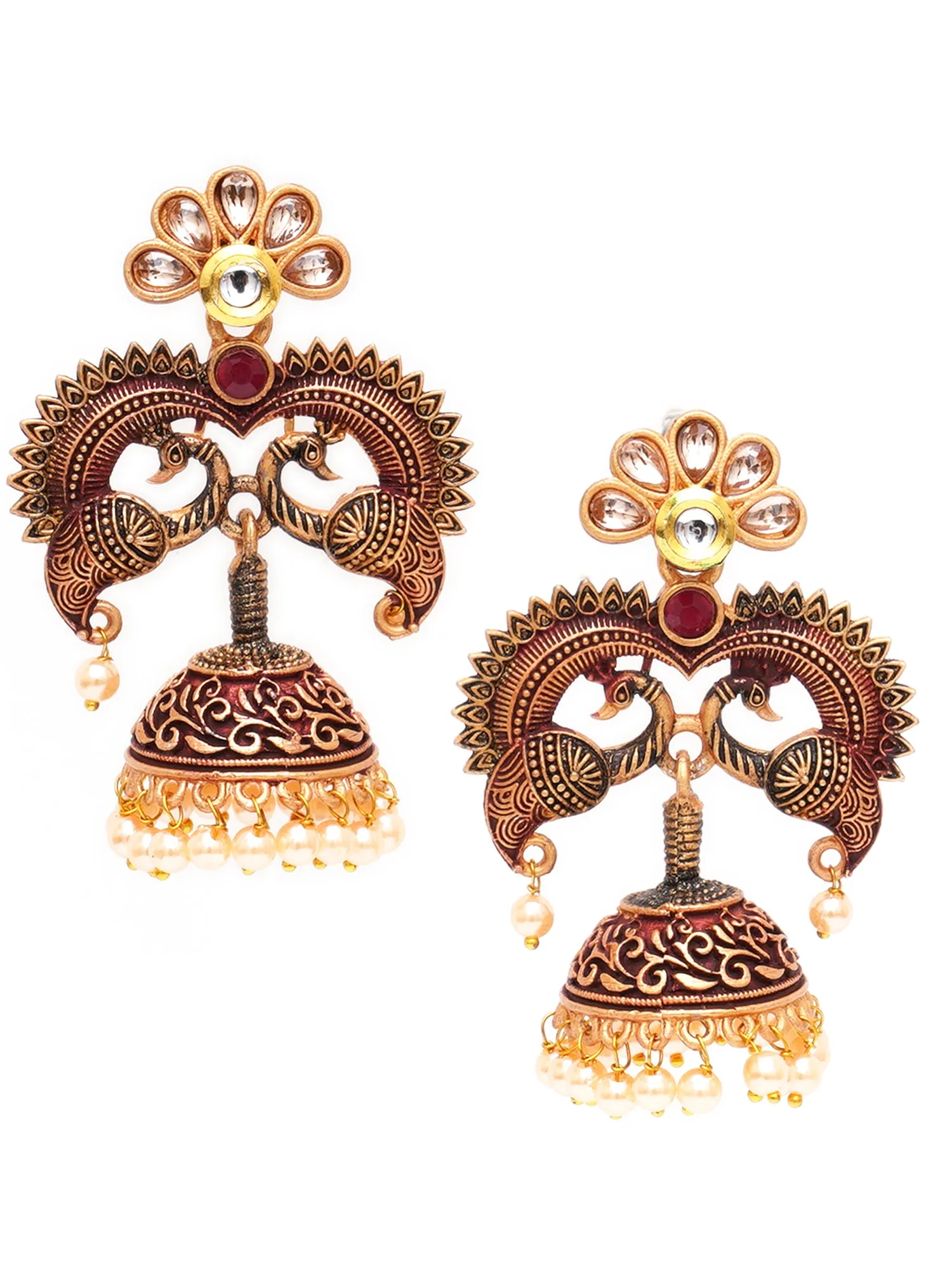 Karatcart Antique Gold Plated Maroon Designer Peacock Jhumki Earrings for Women