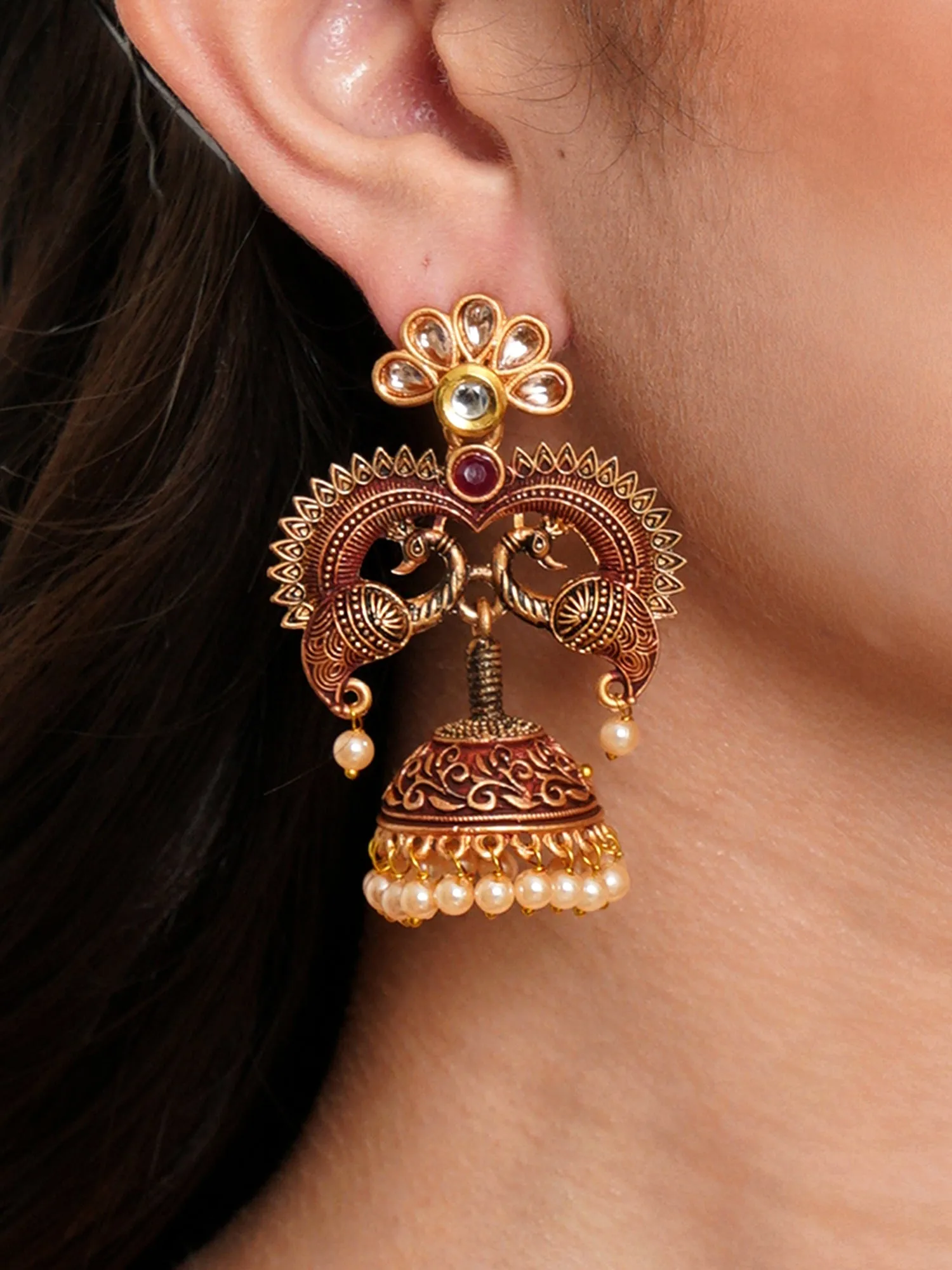 Karatcart Antique Gold Plated Maroon Designer Peacock Jhumki Earrings for Women