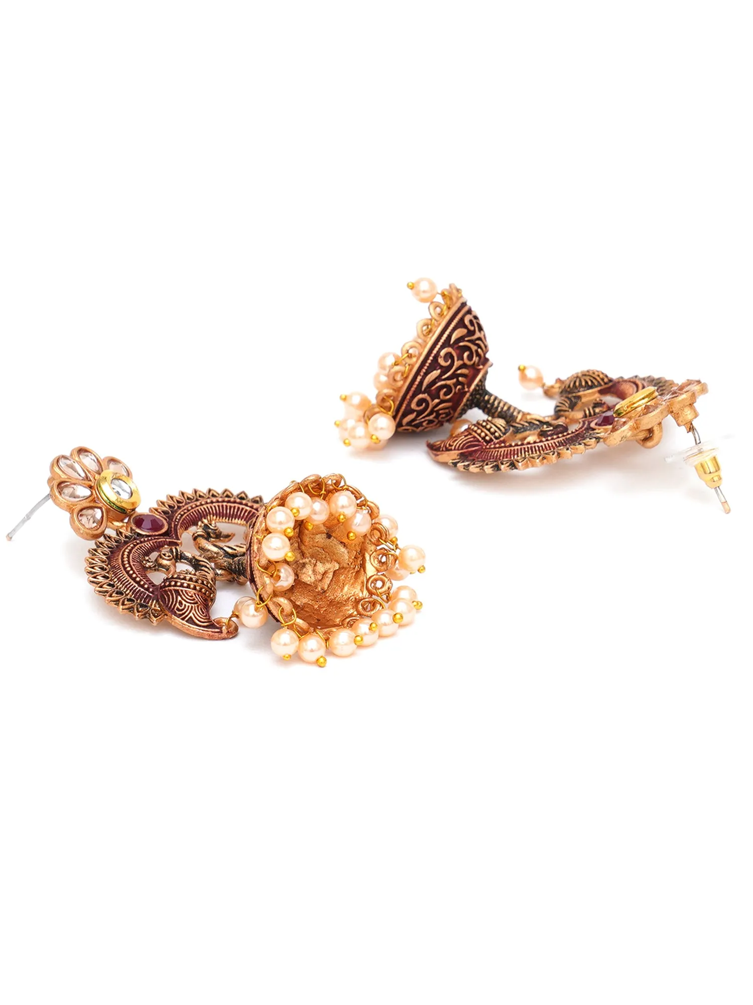 Karatcart Antique Gold Plated Maroon Designer Peacock Jhumki Earrings for Women