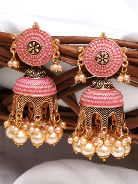 Karatcart Antique Gold Plated PinkTomb Style with Golden Pearl Jhumki Earrings for Women