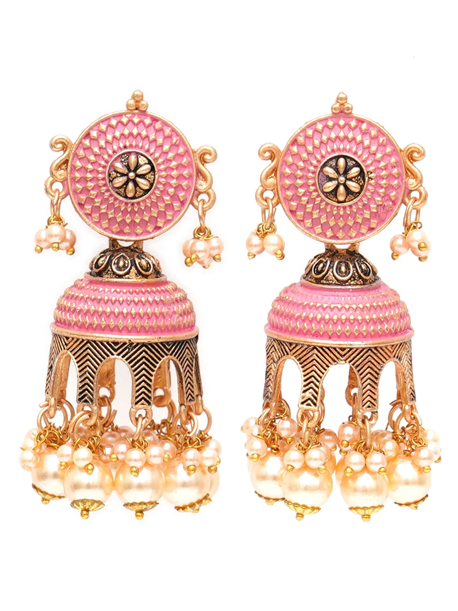 Karatcart Antique Gold Plated PinkTomb Style with Golden Pearl Jhumki Earrings for Women